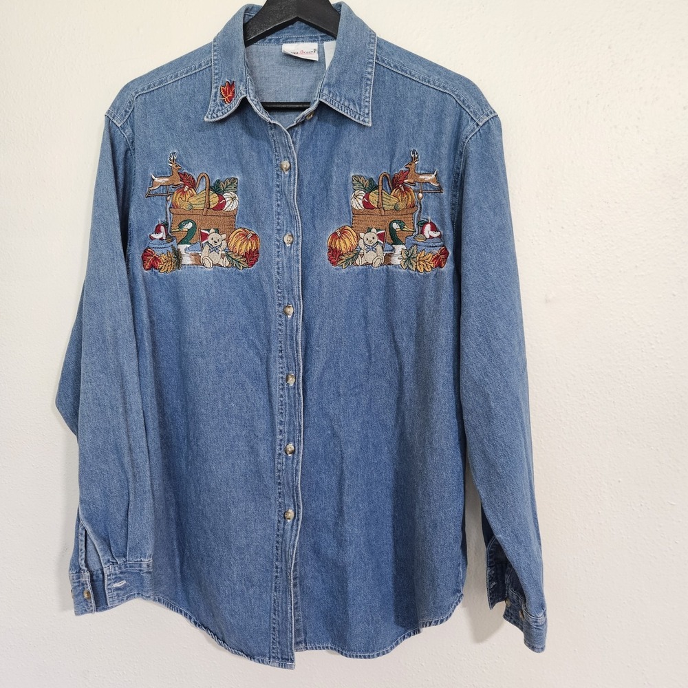 VTG Bobbie Brooks Fall Autumn Harvest Embroidered Denim Shirt Womens Medium 8/10